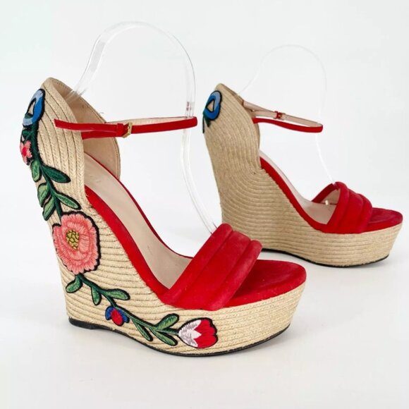 Gucci Red Suede Floral Embroidered Espadrille Wedge Platform Sandal EU 40.5 - Picture 1 of 11